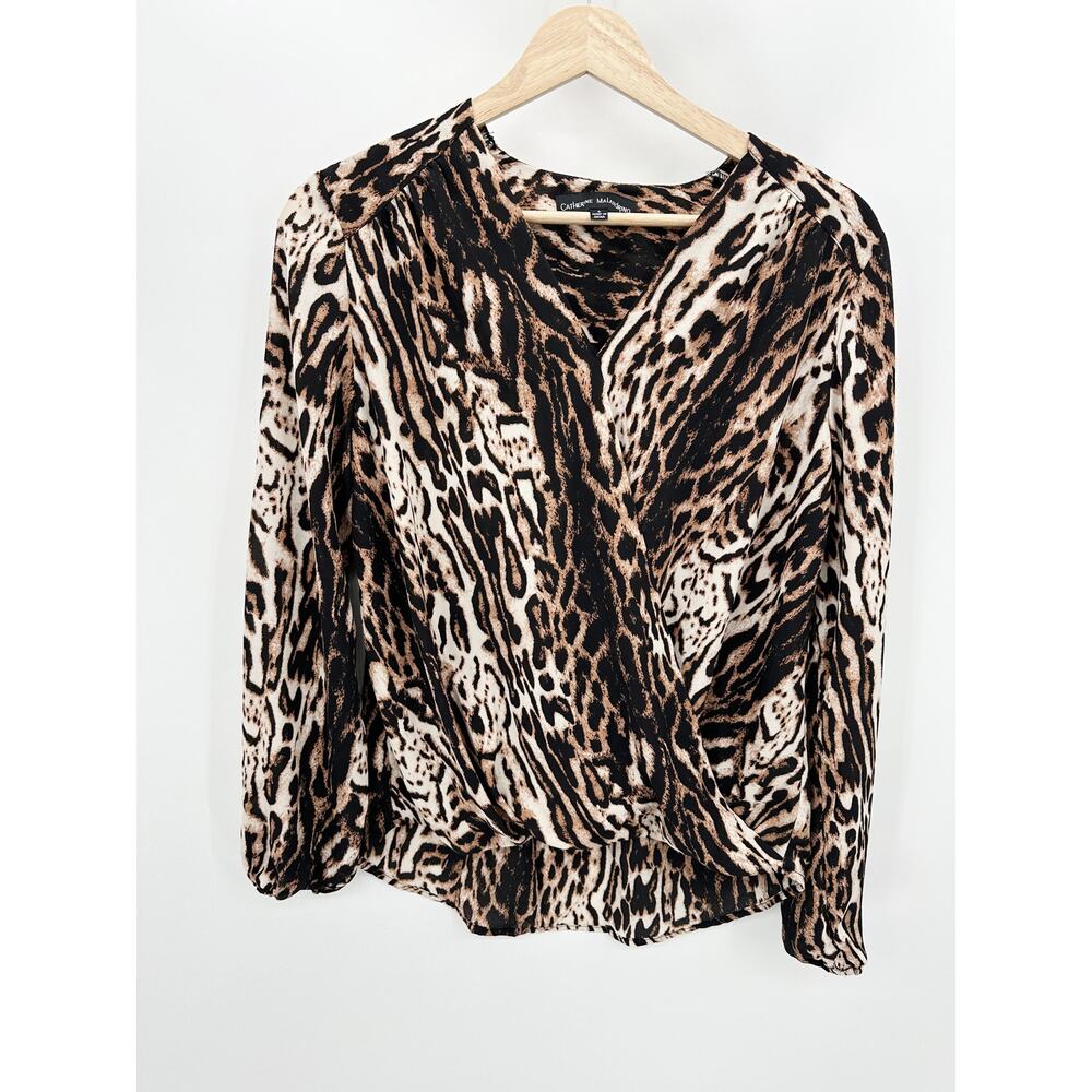 Catherine Malandrino‎ Womens Small Brown Cheetah Print V-Neck Blouse V15996